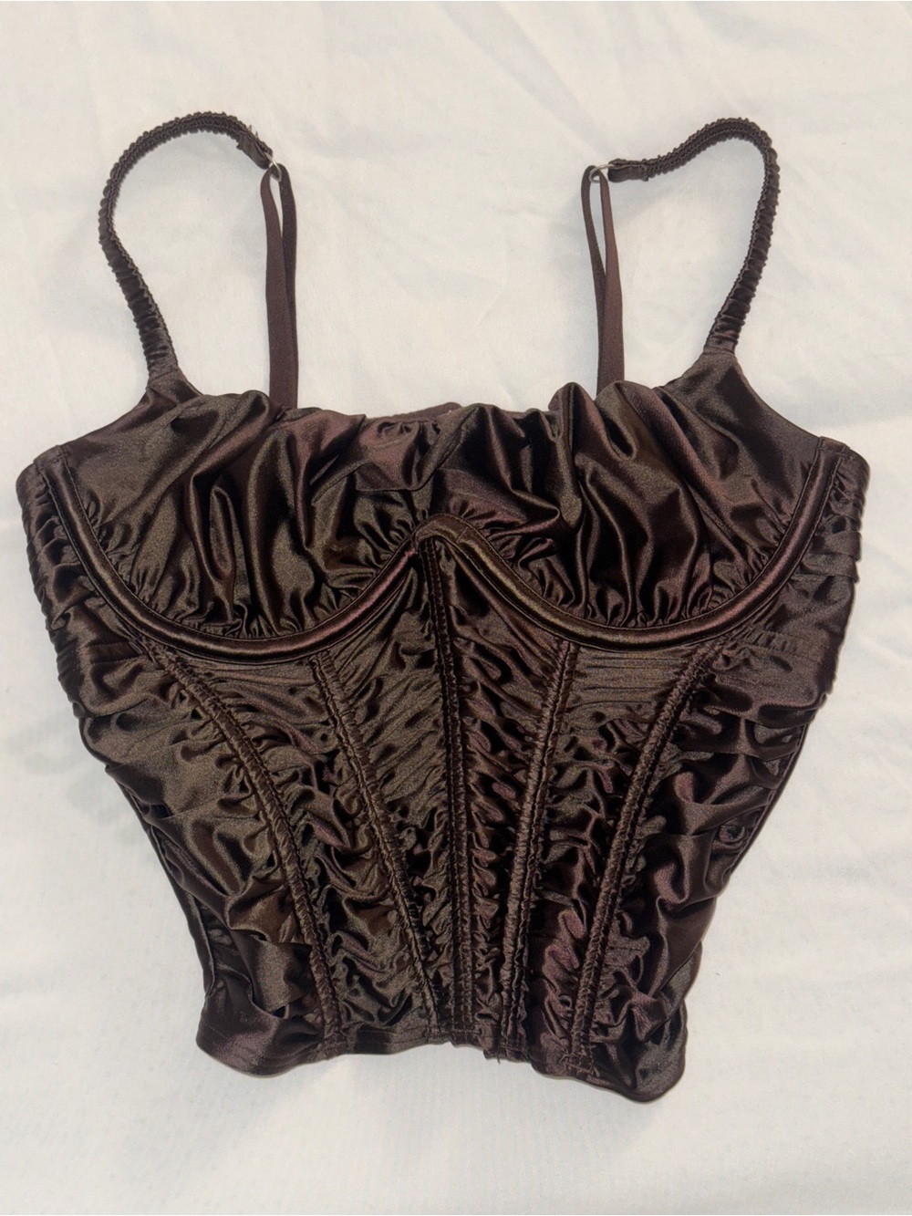 Brown Satin Ruched Bustier Top